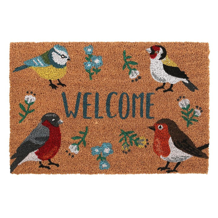 Doormat with bird illustrations and the word 'Welcome' on a brown background