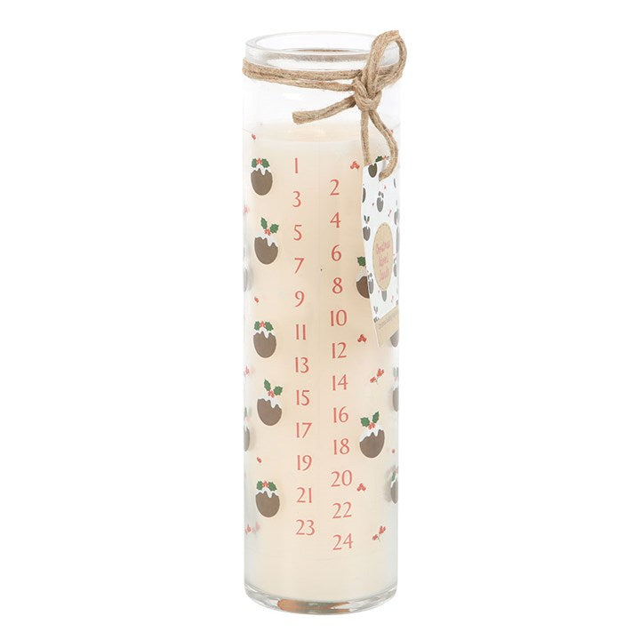 Glass jar with a candle inside, featuring numbers and apple illustrations on a white background