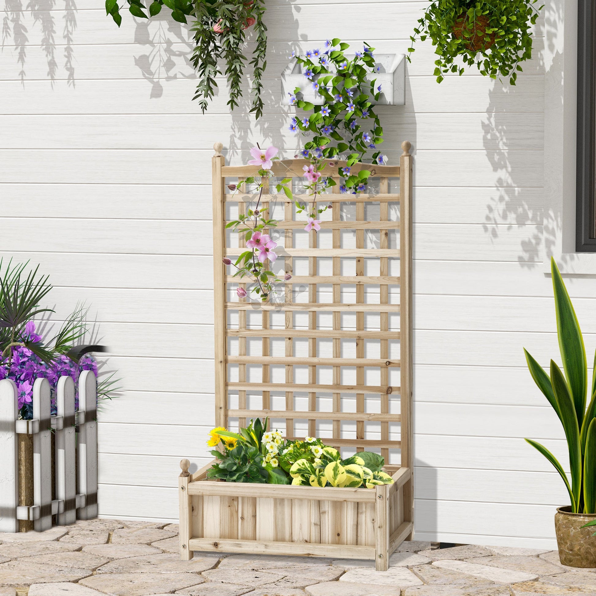 Garden Planters with Trellis for Climbing Vines, Wood Raised Beds for Garden, Flower Pot, Indoor Outdoor, Natural-1