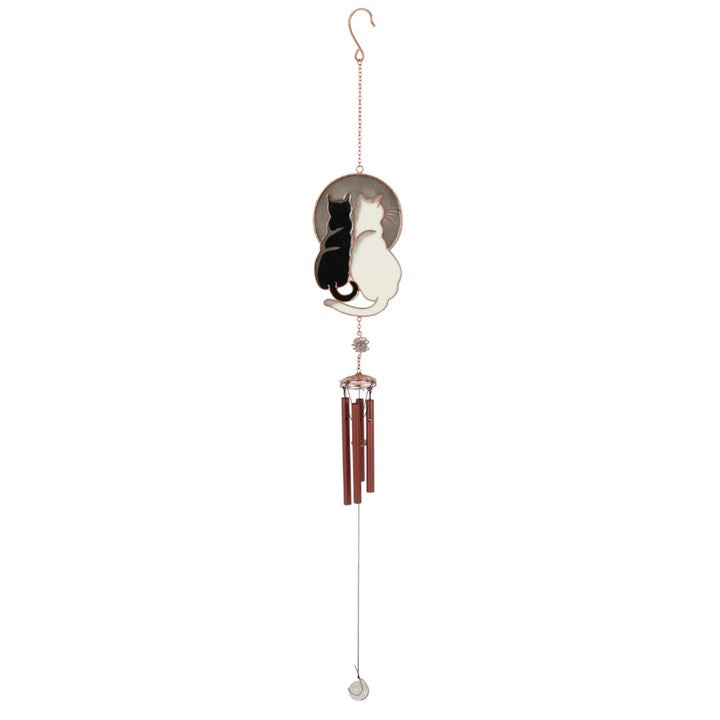 Decorative wind chime with cat design on a white background