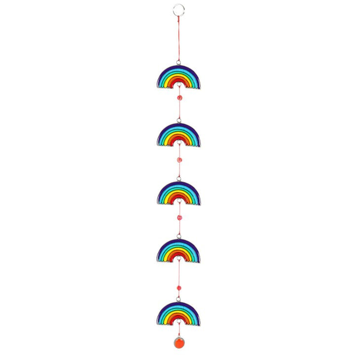 Colorful rainbow-shaped hanging ornament on a white background