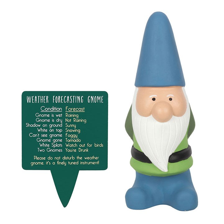 Weather forecasting gnome with a speech bubble displaying humorous weather conditions.