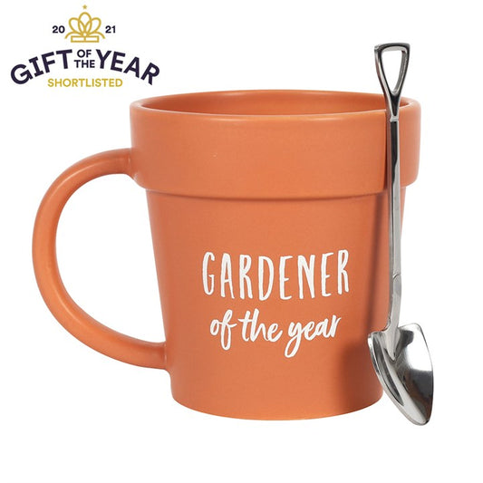 Terracotta mug with 'Gardener of the Year' text and a metal scoop on a white background, with 'Gift of the Year Shortlisted' badge.