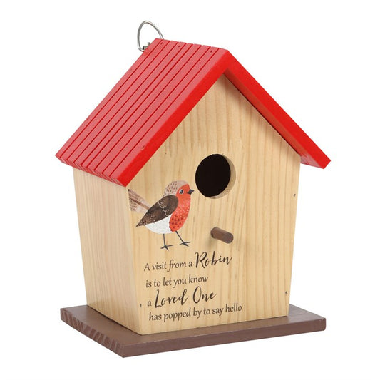 Wooden birdhouse with red roof and robin illustration on a white background