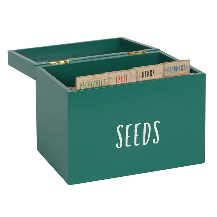Green storage box with compartments labeled for vegetables, fruit, herbs, and flowers on a white background.