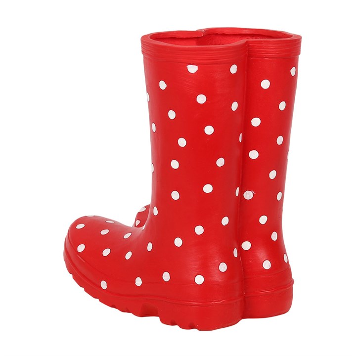 Red rain boots with white polka dots on a white background