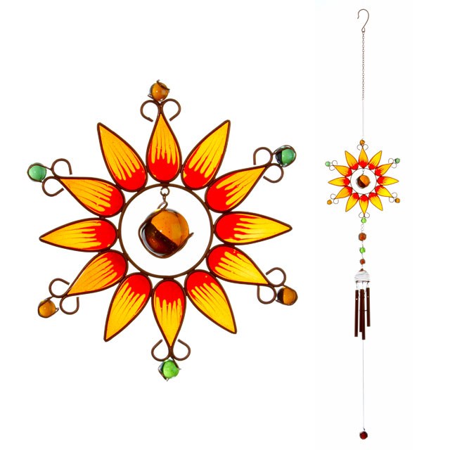 Decorative sun-shaped wind chime with colorful petals and hanging elements on a white background