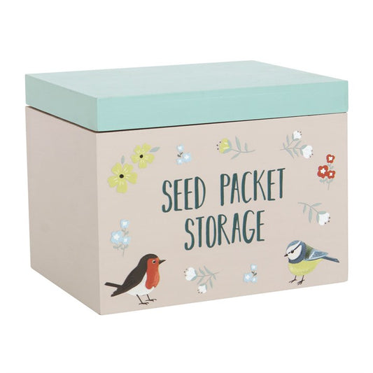 Seed packet storage box with birds and flowers on a beige background