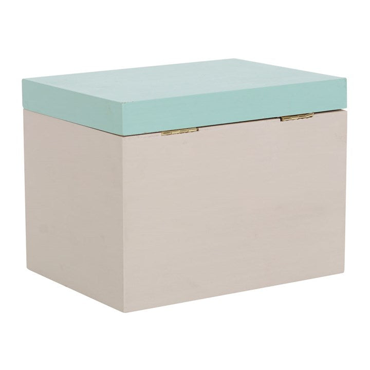 Rectangular storage box with a light blue lid and beige body on a white background