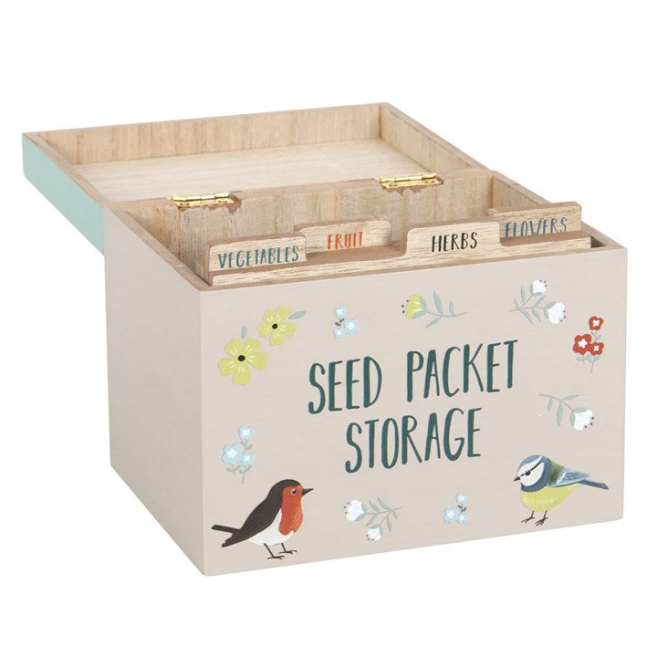 Wooden seed packet storage box with bird illustrations on a white background