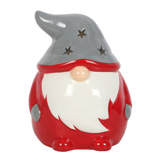 Decorative gnome figurine with a red body, white beard, and gray hat on a white background