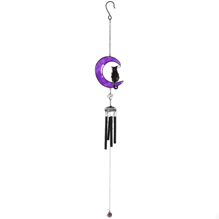 Decorative wind chime with purple crescent moon and black cat design on a white background
