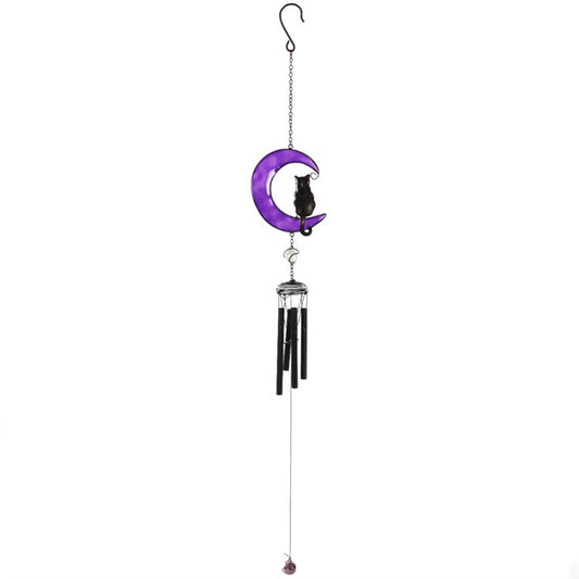 Decorative wind chime with purple crescent moon and black cat design on a white background