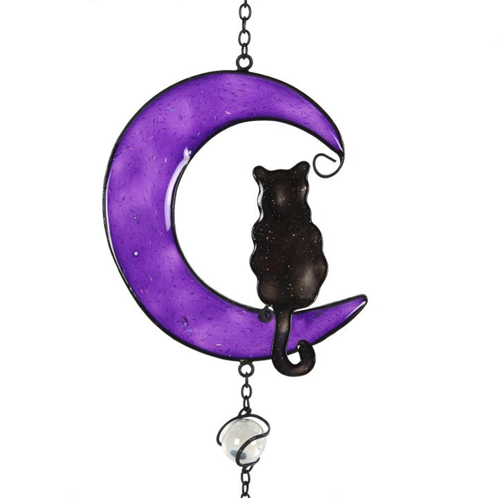 Decorative purple crescent moon with a black cat on a white background