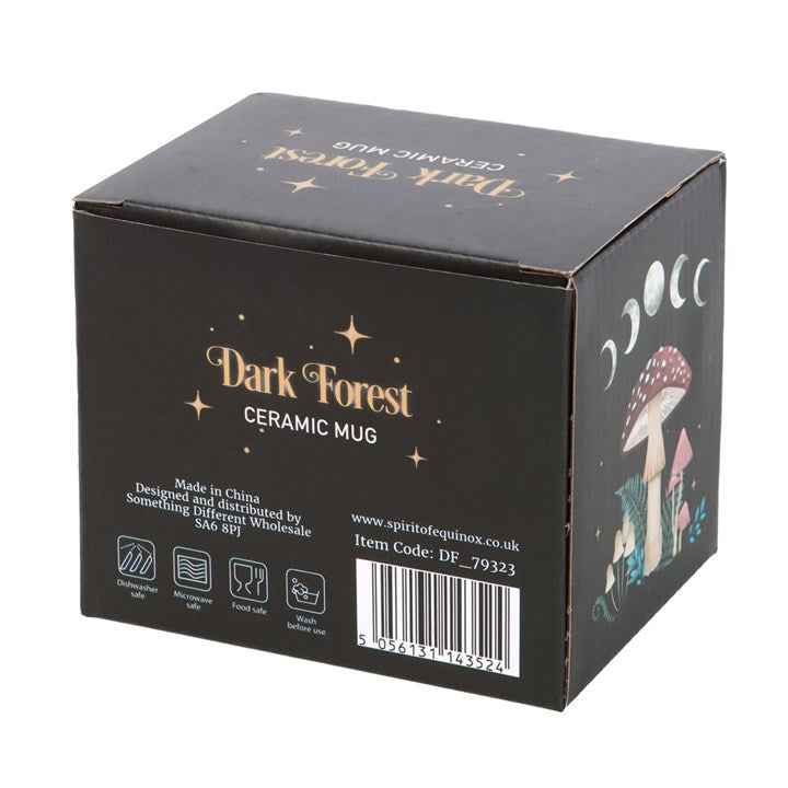 Dark Forest ceramic mug packaging box with mushroom design on a white background