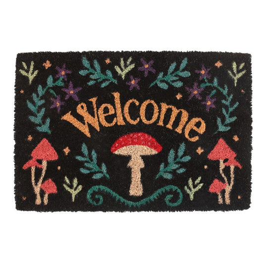 Decorative doormat with 'Welcome' text and mushrooms on a black background
