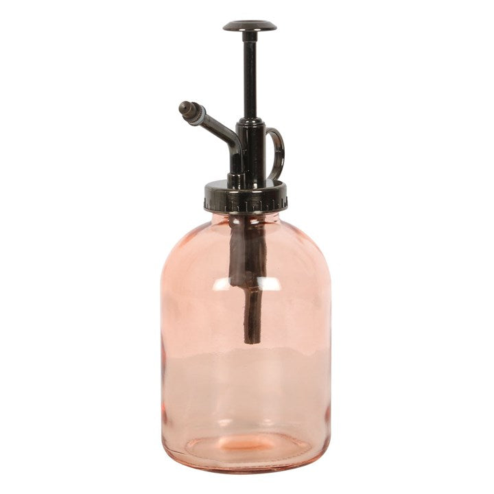 Clear glass spray bottle with black pump on a white background