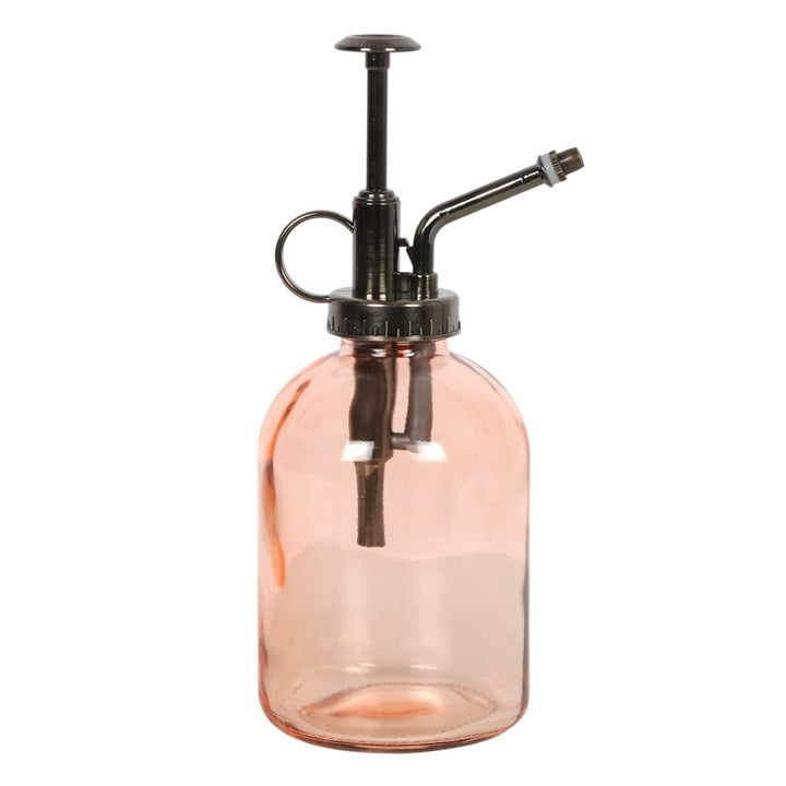 Clear glass spray bottle with black pump on a white background