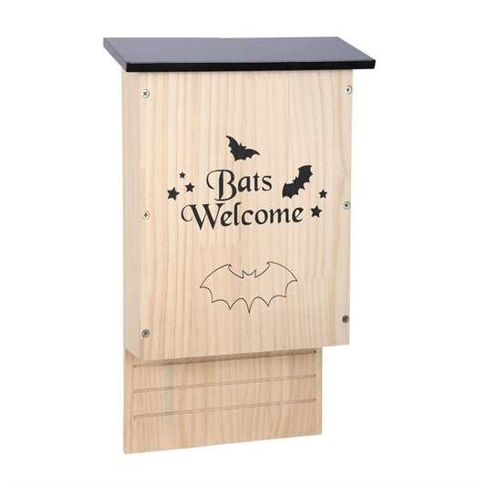 Wooden bat house with 'Bats Welcome' text and bat illustrations on a white background