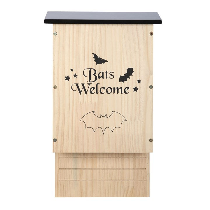 Wooden bat house with 'Bats Welcome' text and bat illustrations on a white background