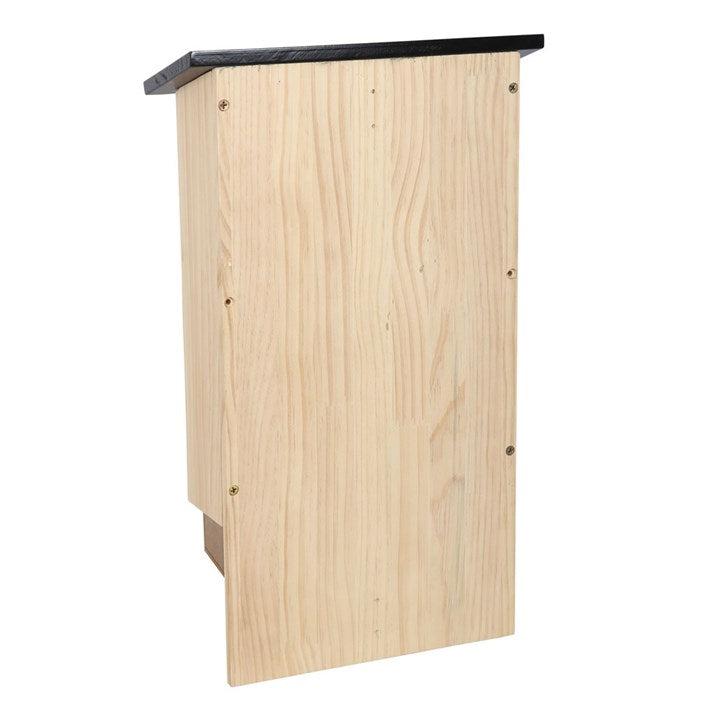 Wooden bat house with a black top on a white background