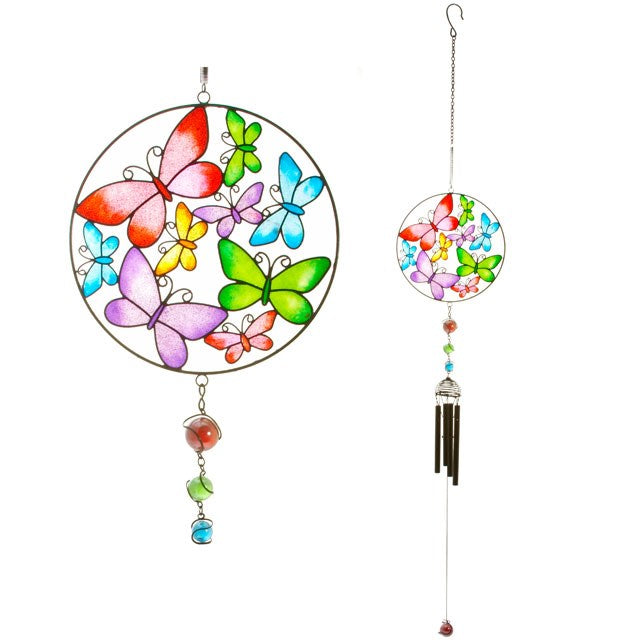 Colorful butterfly-themed wind chime on a white background