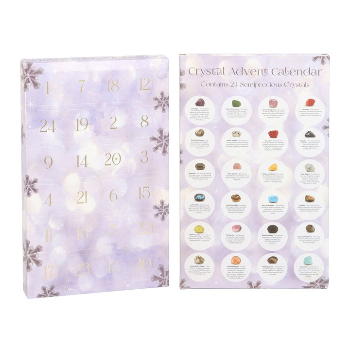 Crystal Advent Calendar with numbered doors and images of crystals on a white background