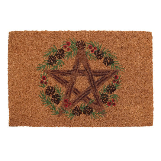 Doormat with a pentagram design surrounded by foliage and pinecones on a white background