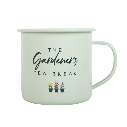 Mint green mug with 'The Gardener's Tea Break' text and plant illustrations on a white background
