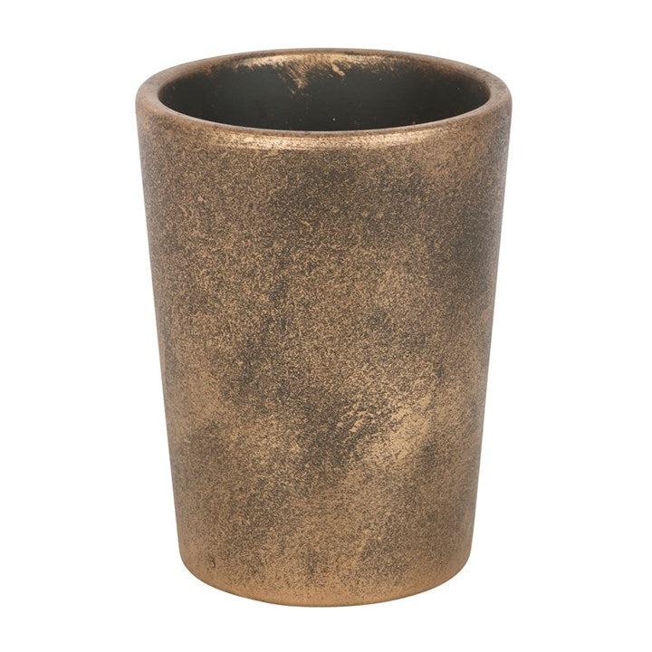 Bronze-colored ceramic planter on a white background