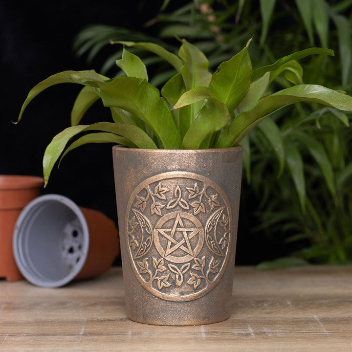 Bronze colored planter with pentagram design on a wooden surface with plants in the background