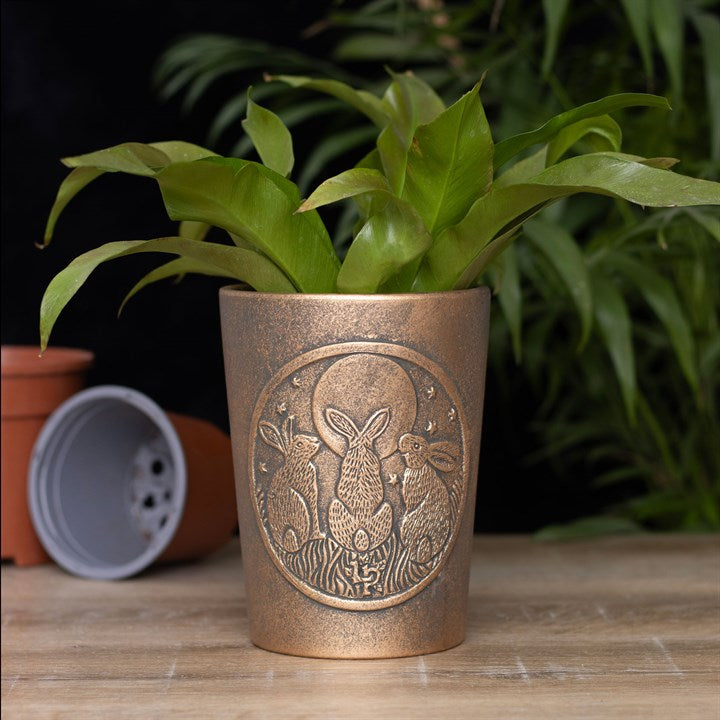 Bronze planter with rabbit design on a wooden surface with plants in the background
