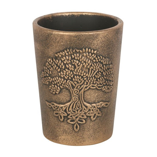 Bronze-colored planter with tree of life design on a white background