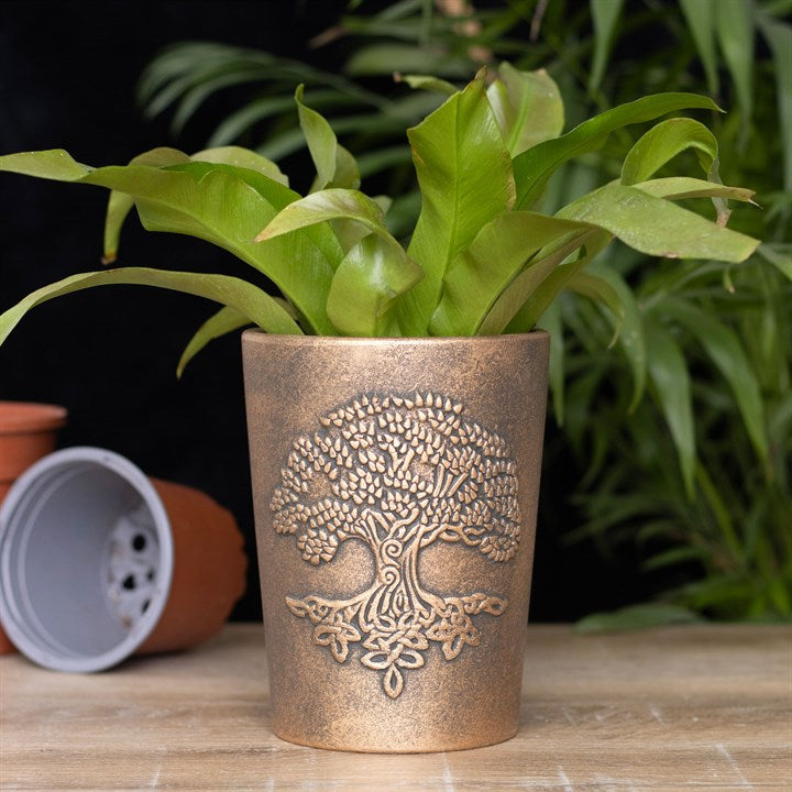 Bronze tree-patterned planter with a green plant on a wooden surface
