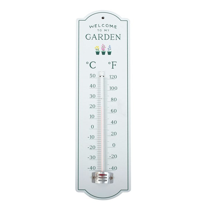 Outdoor thermometer with 'Welcome to my Garden' text and temperature scale on a white background