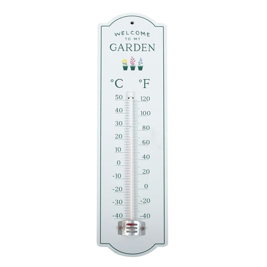 Outdoor thermometer with 'Welcome to my Garden' text and temperature scale on a white background