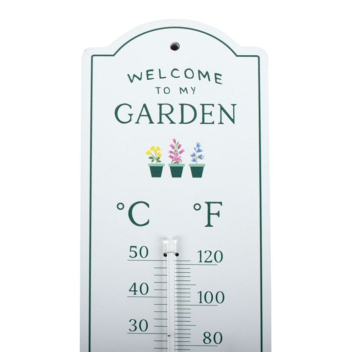 Garden thermometer with 'Welcome to my Garden' text and temperature measurement range.