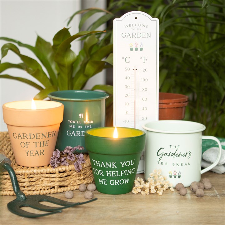 Gardening-themed items including candles, mug, and thermometer on a wooden surface with plants in the background.