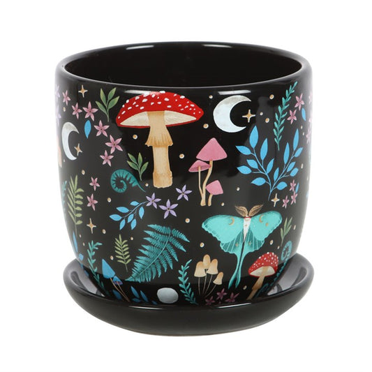 Black pot with colorful mushroom and foliage design on a white background