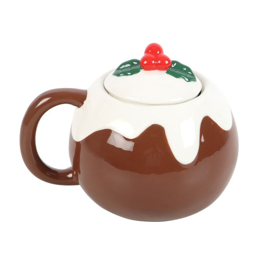 Ceramic mug designed like a Christmas pudding with a lid on a white background