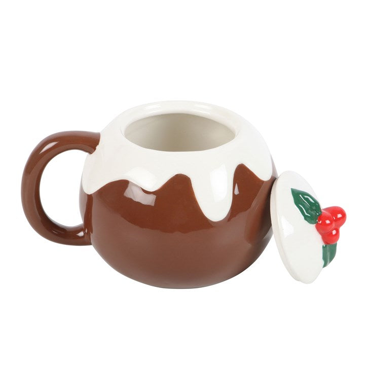 Mug designed like a Christmas pudding with a lid featuring cherries on a white background