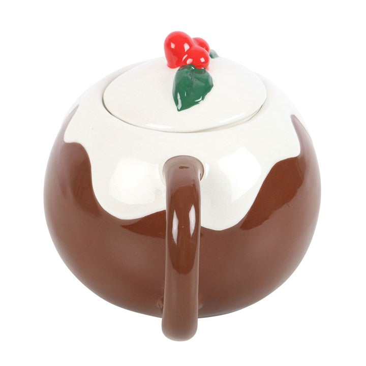 Mug shaped like a Christmas pudding with a lid featuring holly on a white background