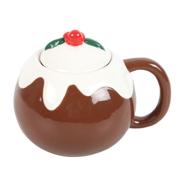 Ceramic mug designed like a Christmas pudding with a lid on a white background