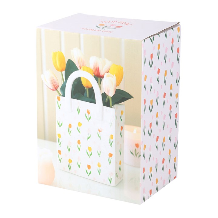 Gift bag style vase with tulip design on a white background