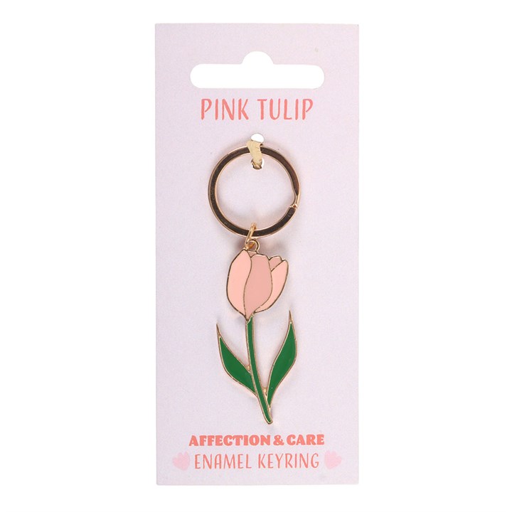 Pink tulip enamel keyring on a pink card with 'Pink Tulip' text