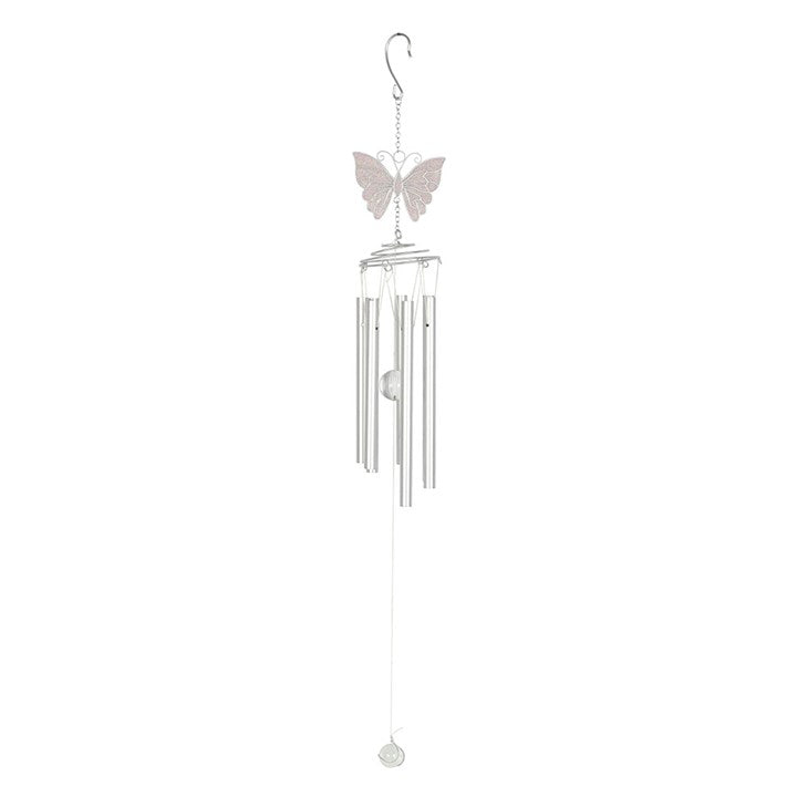 Butterfly-shaped wind chime on a white background