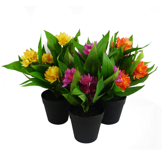 Leaf Design 3x 18cm Artificial Freesia Plants Pink, Orange, Yellow Flowering-0