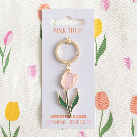 Pink tulip keychain on a 'Pink Tulip' branded card with floral design